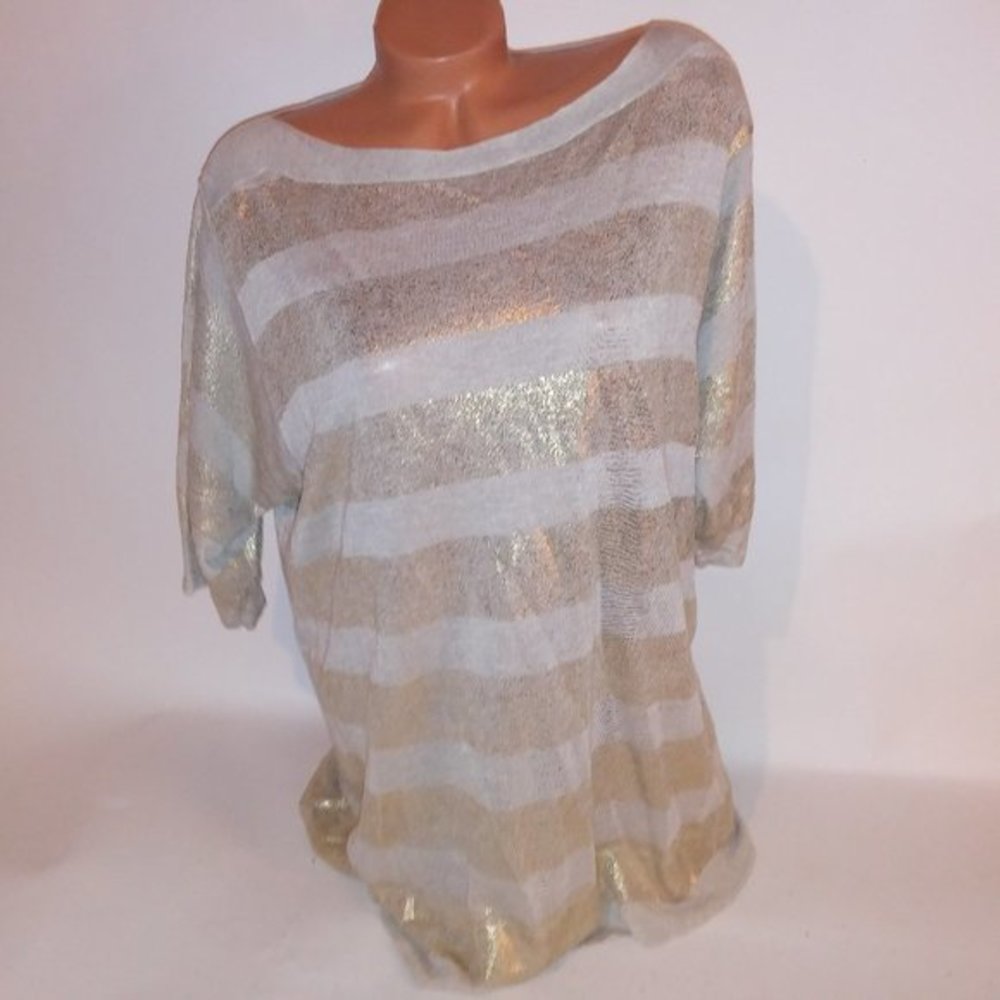 Chicos Sweater Womens Size 2 Large Beige Gold Metallic Stripe Boat Neck Short Sl